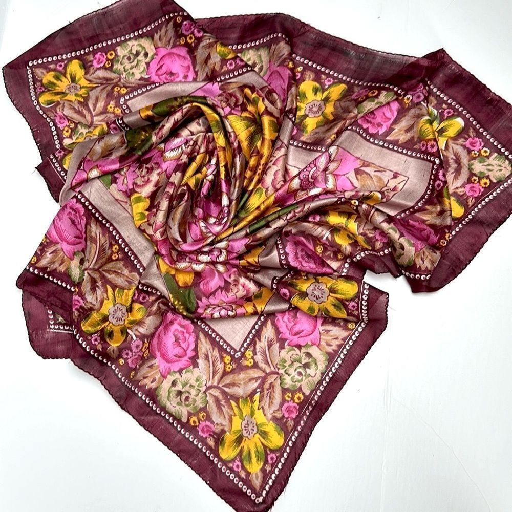 Square Silk Chiffon Scarf Floral Wine Yellow Pink Olive Green Hand Rolled